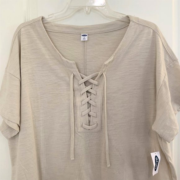 Old Navy Lace Up Top Loose Slub Knit Tee Short Sleeve Beige T-Shirt Size XXL NEW - Picture 6 of 6
